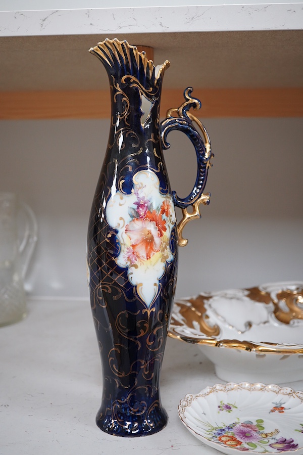 A collection of Meissen and other German porcelain vases and dishes etc. and a Worcester comport, tallest 34cm